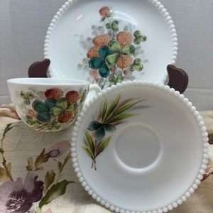 Vintage Westmoreland Beaded Edge Clover  Flower/ Leaf Cup/saucer/salad Plate